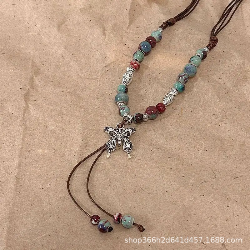 Wholesale New Chinese ethnic style retro ceramic butterfly beaded clavicle necklace